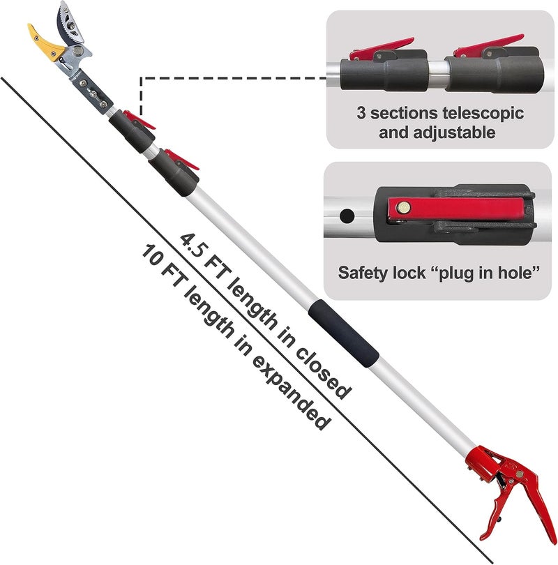 Prunrt Telescopic Tree Trimmer 4.5-10 FT with 3 Section Length Adjustable, Cut and Hold Pruner, Pole Saw Extendable, Long Handle Fruit Picker, Branch Cutter, Clippers, Loppers - Image 2